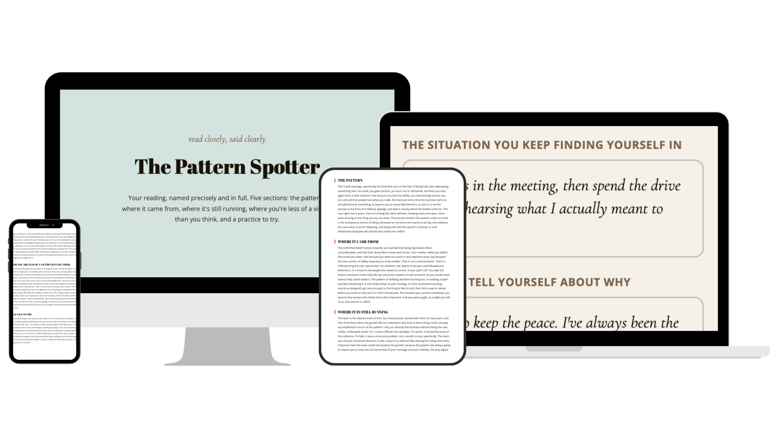 The Pattern Spotter reading shown on a monitor, laptop, tablet, and phone